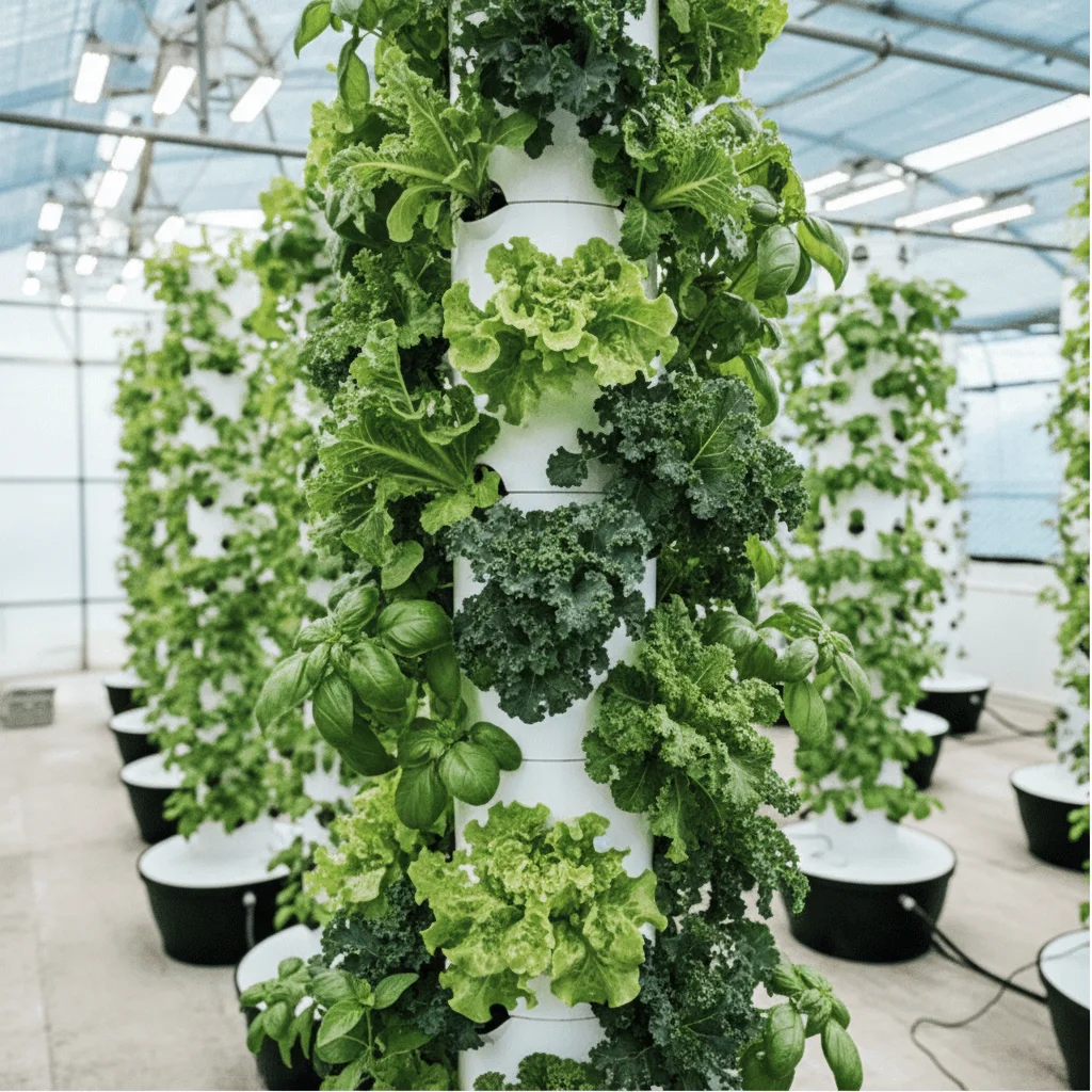 High-density leafy greens growing on a commercial hydroponic tower.